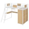 Twin Size Loft bed with L-shape Desk and Wardrobe, White